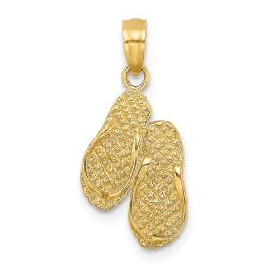 14k Yellow Gold Polished Textured Finish 3-Dimensional MYRTLE BEACH Double Flip-Flop Sandles Charm Pendant