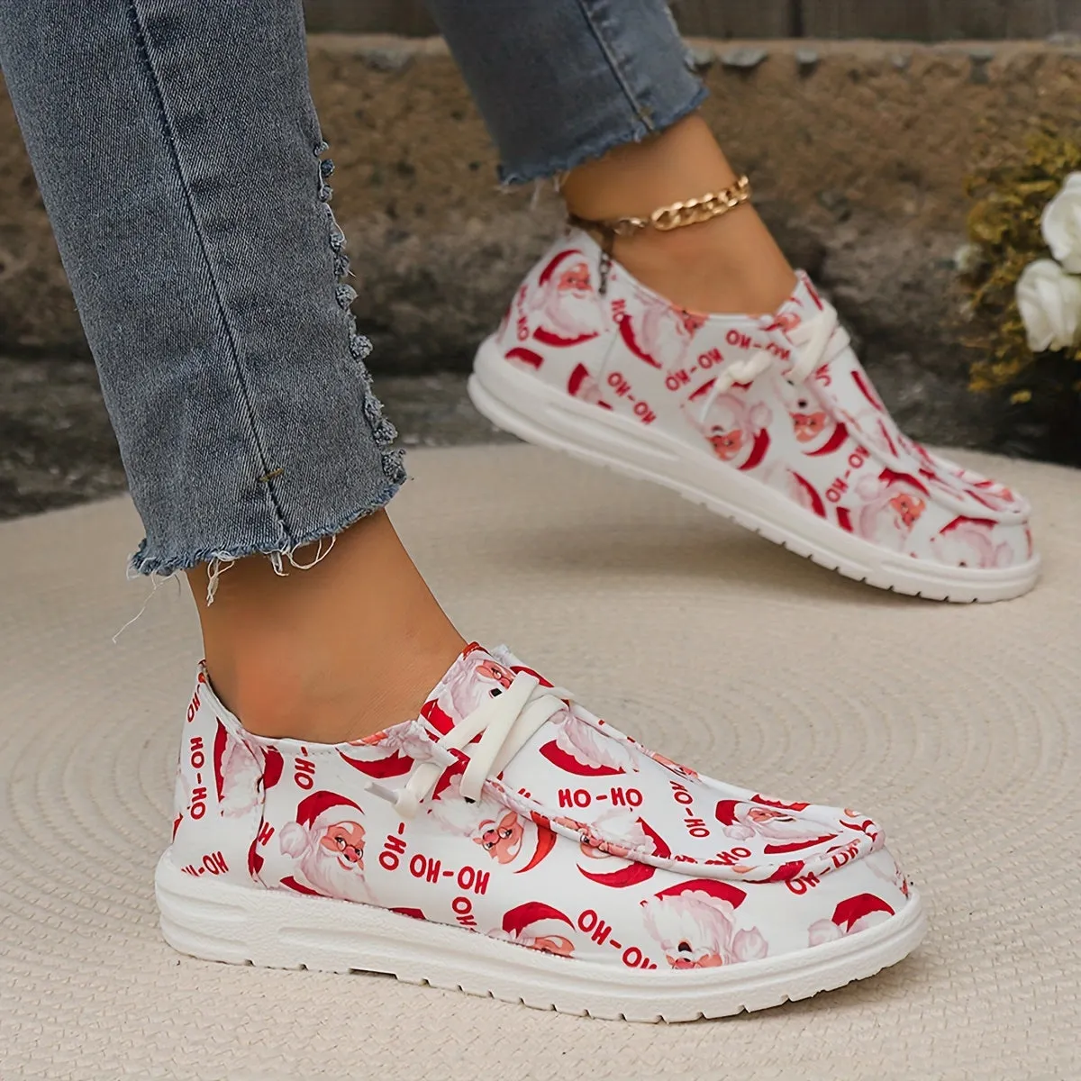 A Festive Christmas Delight: Slip-On Sneakers with Santa Print for Ultimate Comfort and Style