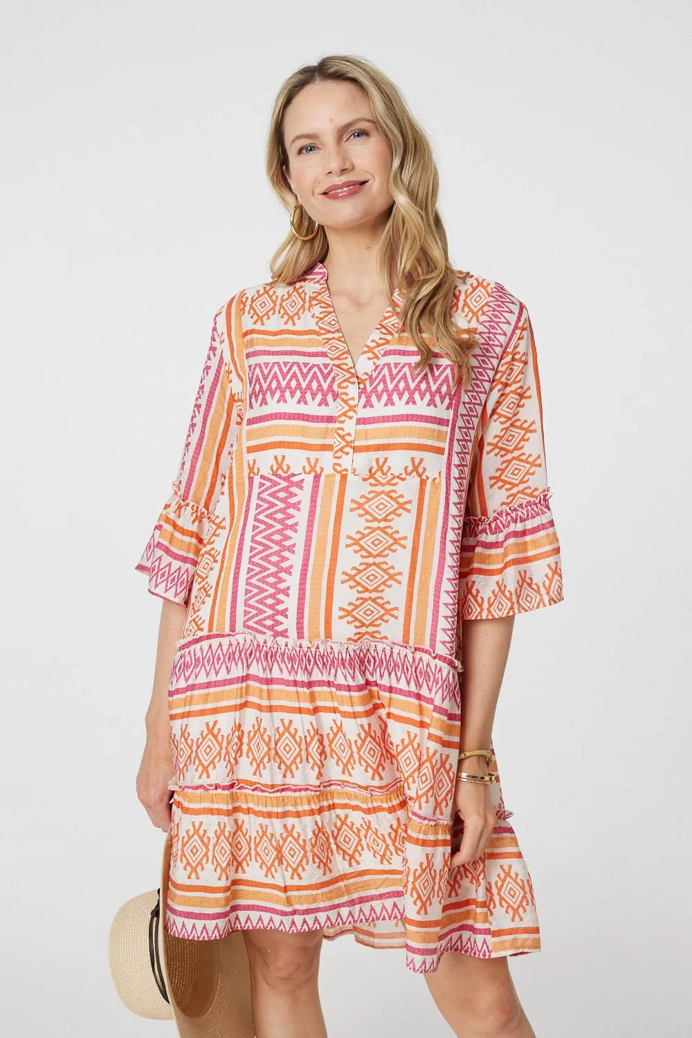 Aztec Print V-Neck 3/4 Sleeve Short Dress