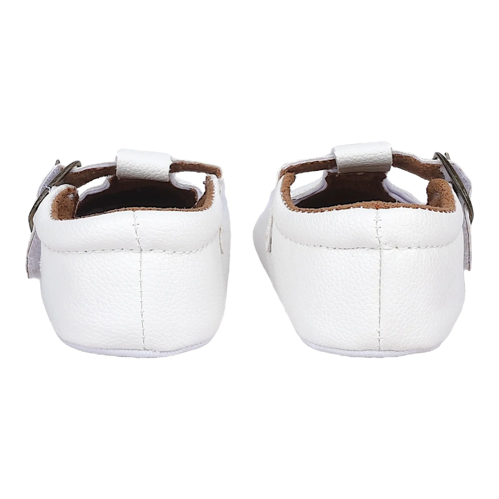 Baby Moo Textured Leather T-Strap Velcro Buckle Anti-Skid Ballerina Pram Shoes - White