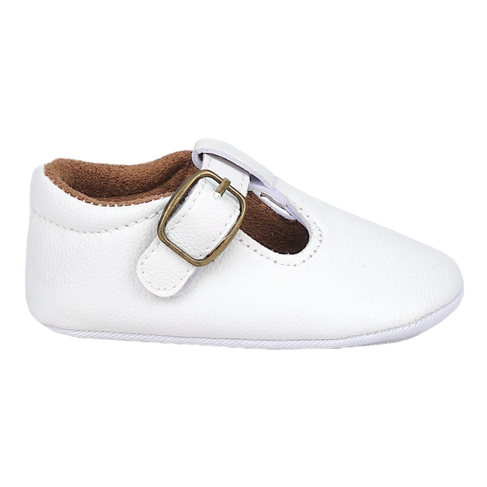 Baby Moo Textured Leather T-Strap Velcro Buckle Anti-Skid Ballerina Pram Shoes - White