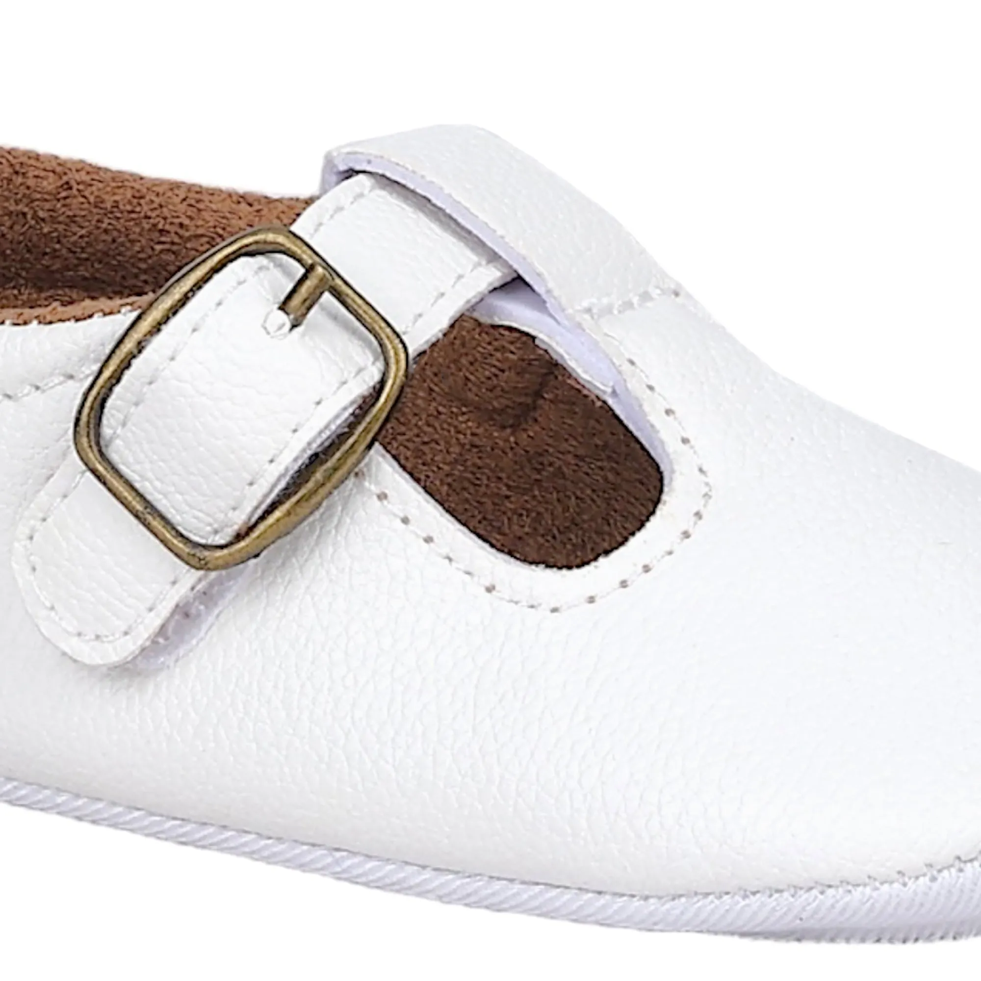 Baby Moo Textured Leather T-Strap Velcro Buckle Anti-Skid Ballerina Pram Shoes - White