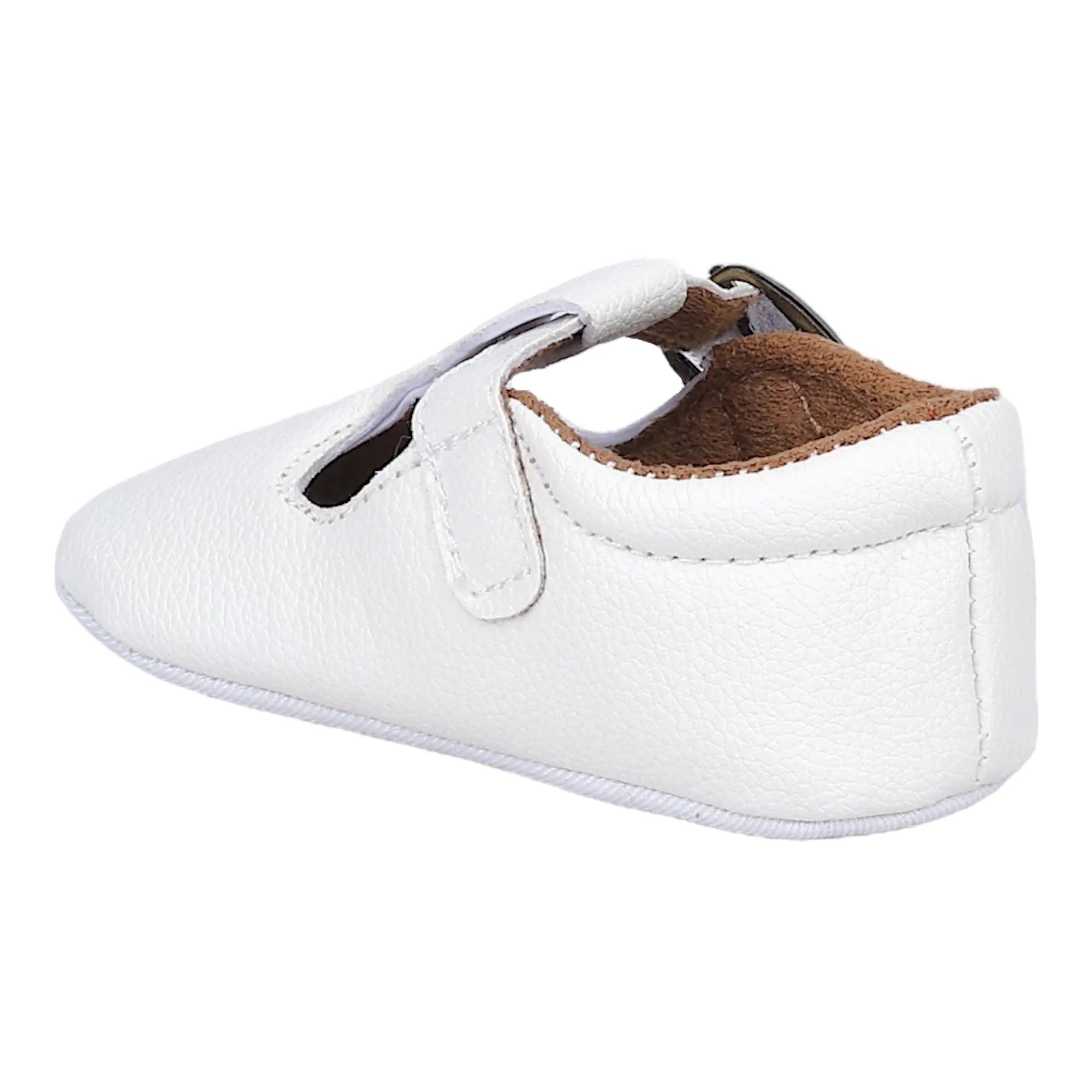 Baby Moo Textured Leather T-Strap Velcro Buckle Anti-Skid Ballerina Pram Shoes - White