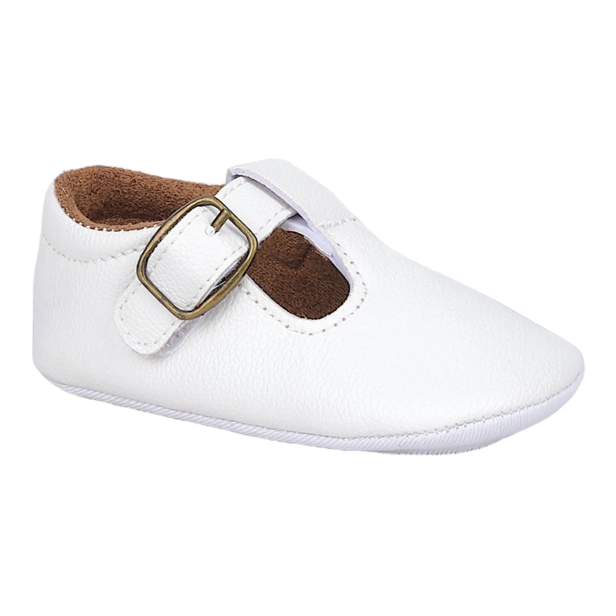 Baby Moo Textured Leather T-Strap Velcro Buckle Anti-Skid Ballerina Pram Shoes - White