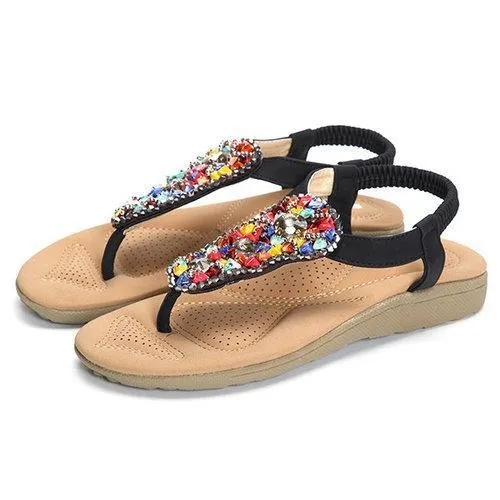 Beading Artificial Stone Colorful Elastic Flat Beach Sandals