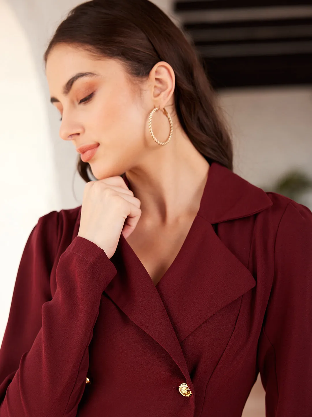 Berrylush Women Solid Maroon Lapel Collar Neck Button-Up Straight Hem Double Breasted Blazer Dress