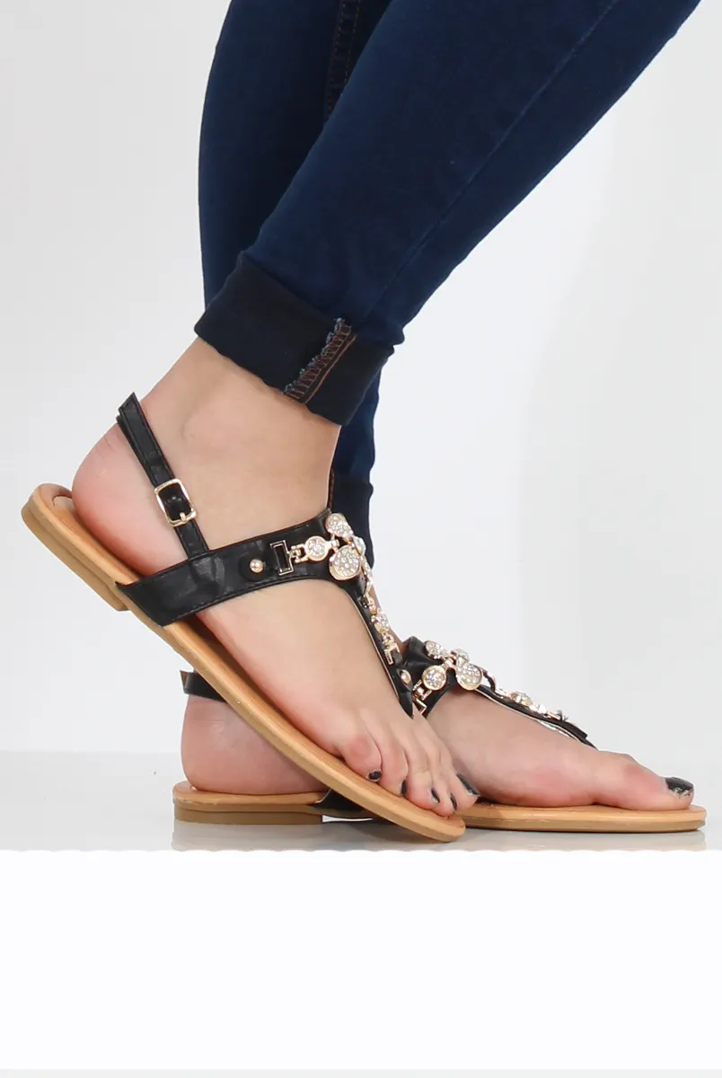 Black Flower Diamante Sandals - Ailish