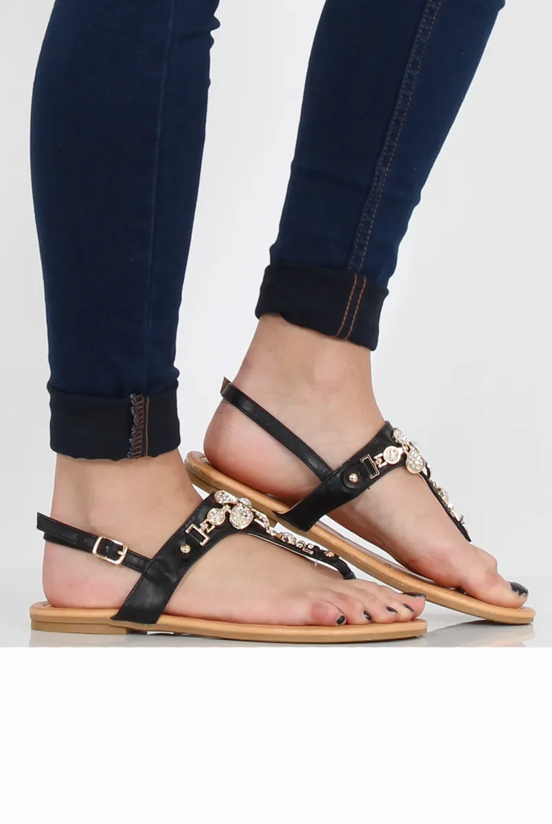 Black Flower Diamante Sandals - Ailish