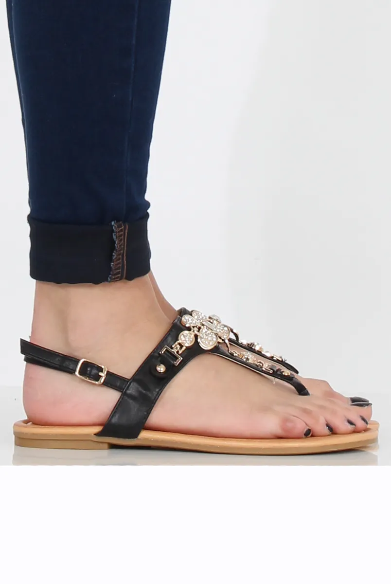 Black Flower Diamante Sandals - Ailish