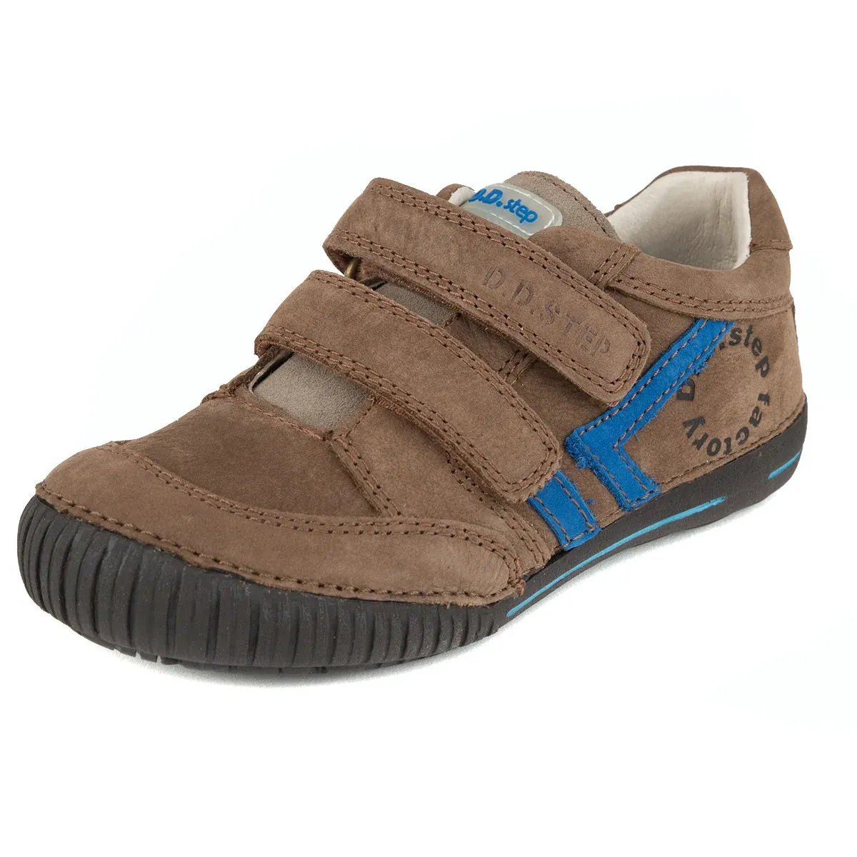 D.D. Step Little Kid Boy Shoes Brown With Blue Stripe - Supportive Leather From Europe Kids Orthopedic