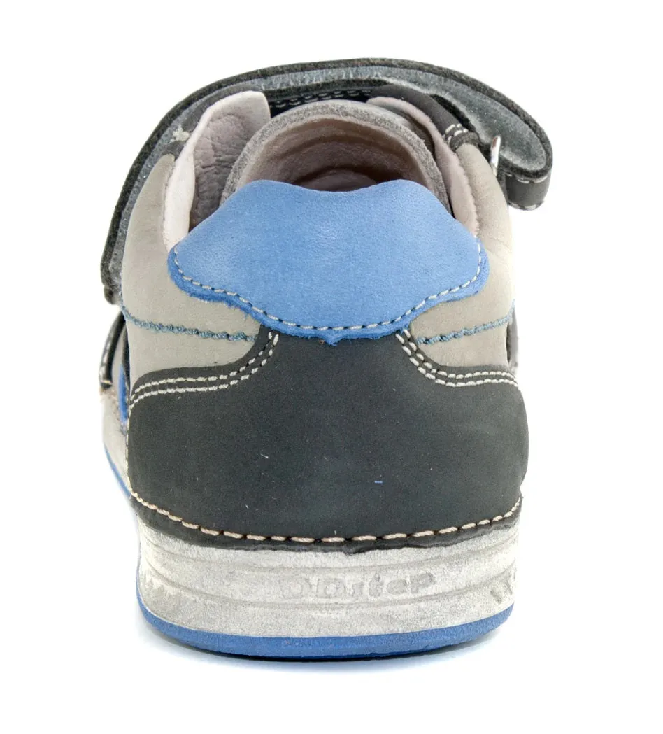 D.D. Step Little Kid Boy Shoes Grey With Blue And Black Stripes - Supportive Leather From Europe Kids Orthopedic