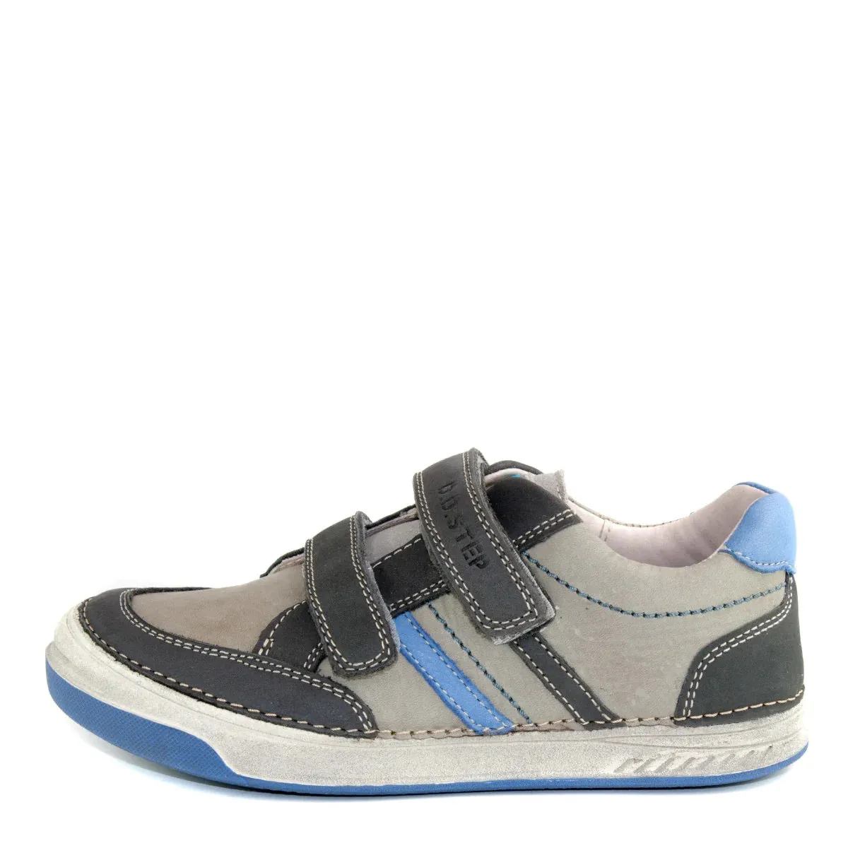 D.D. Step Little Kid Boy Shoes Grey With Blue And Black Stripes - Supportive Leather From Europe Kids Orthopedic