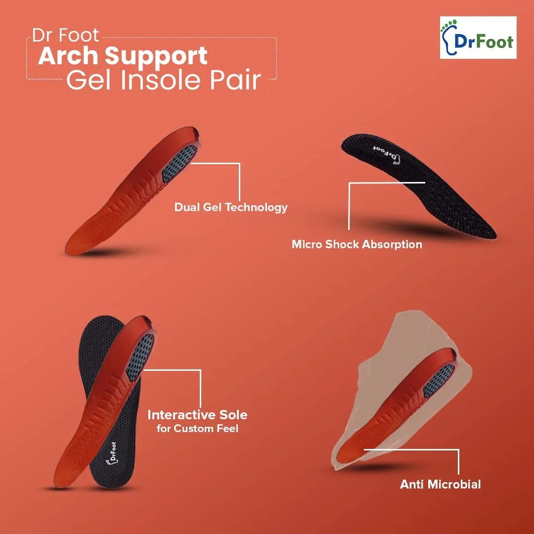 Dr Foot Arch Support Gel Insole Pair | For All-Day Comfort | Shoe Inserts for Flat Feet, High Arch, Foot Pain | Full-Length Orthotics | For Men & Women – 1 Pair (Large Size) (Pack of 10)