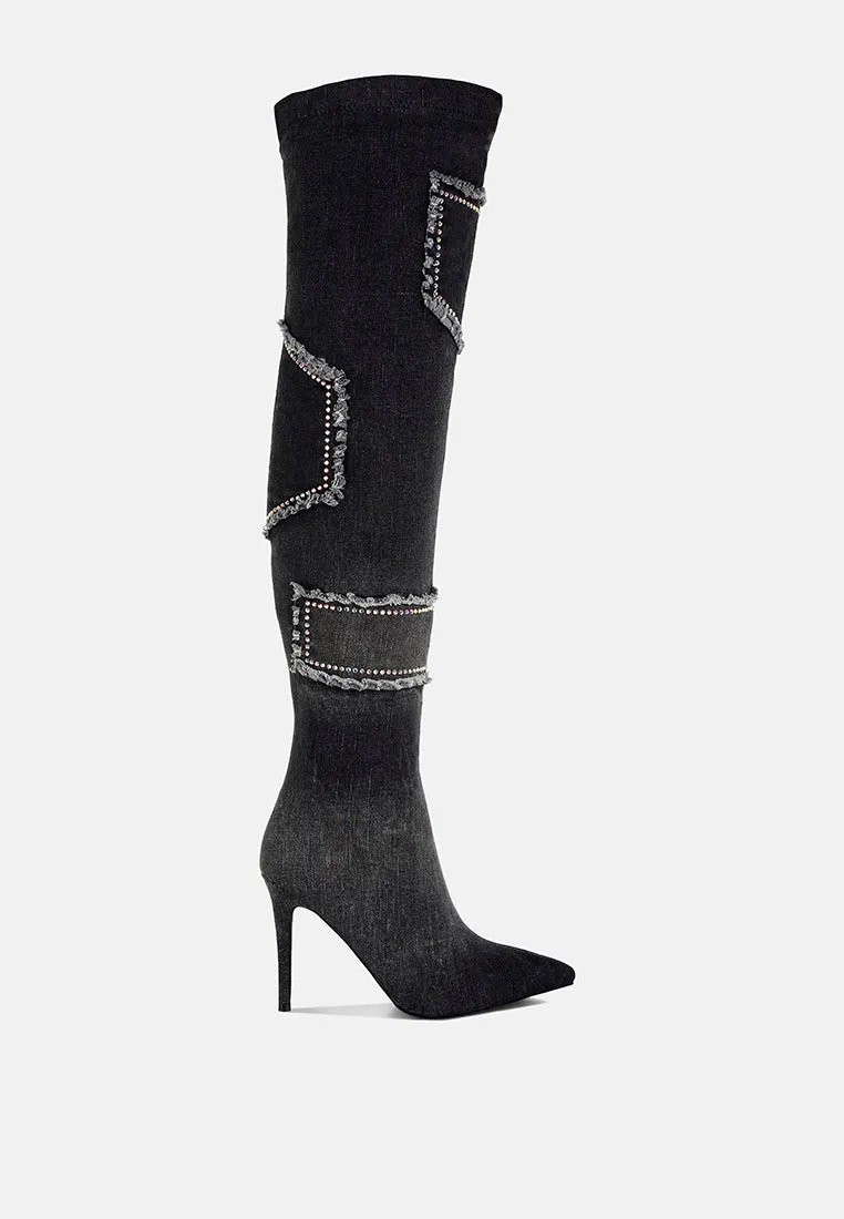 Eilish Rhinestones Knee High Denim Boots