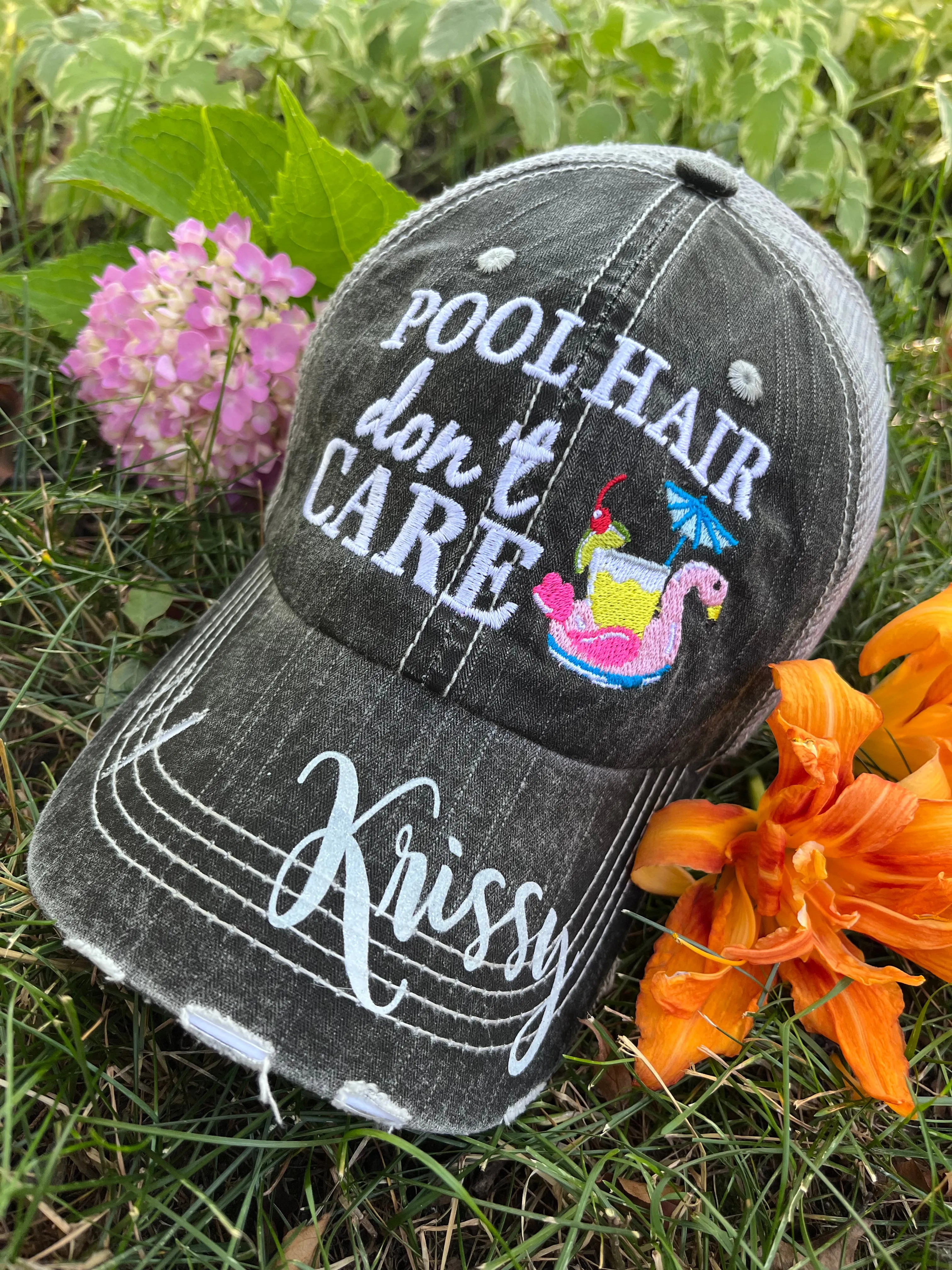 Hats Beach hair dont care Embroidered teal or pink flip flops distressed trucker cap Womens Sandals