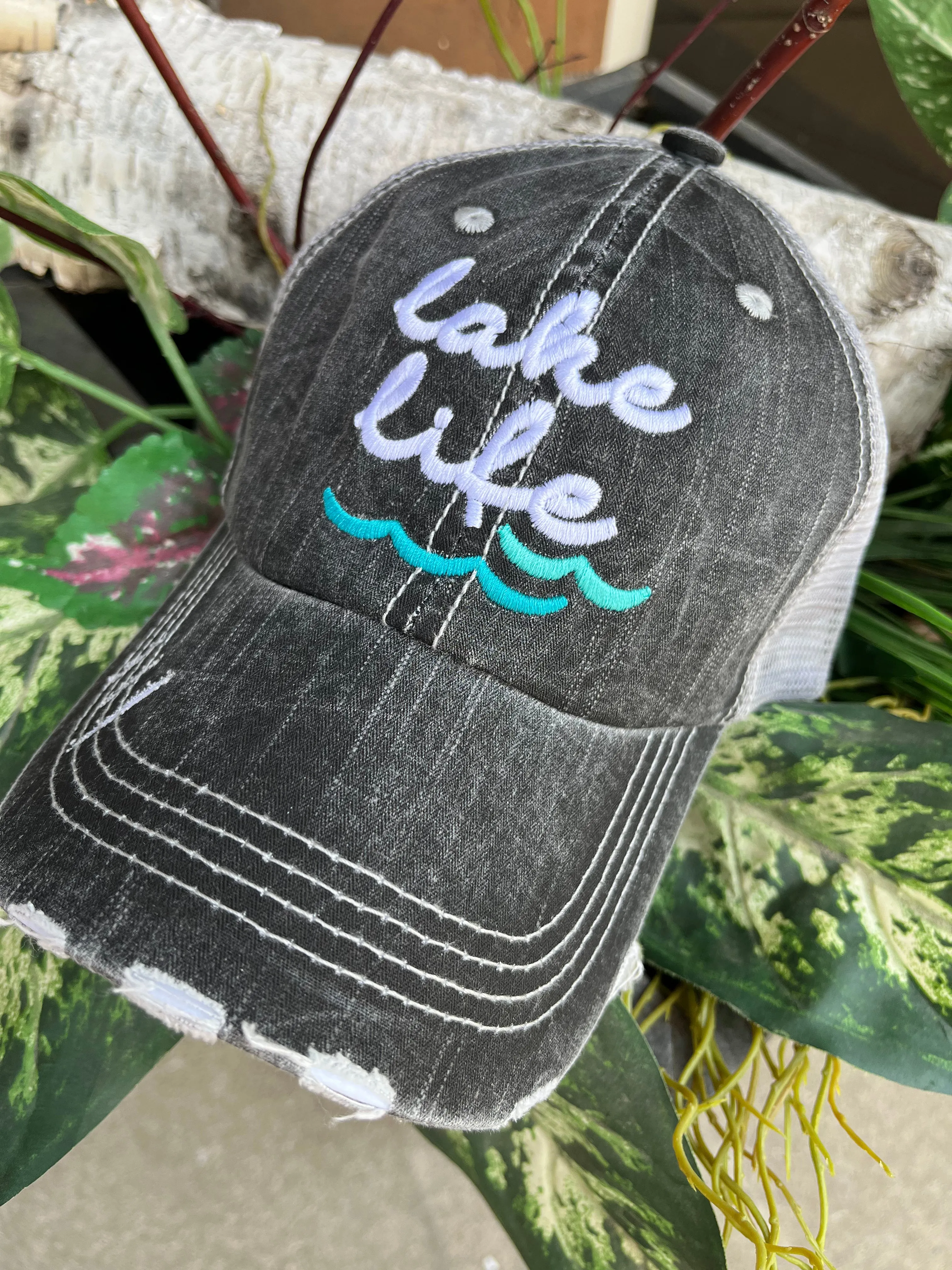 Hats Beach hair dont care Embroidered teal or pink flip flops distressed trucker cap Womens Sandals