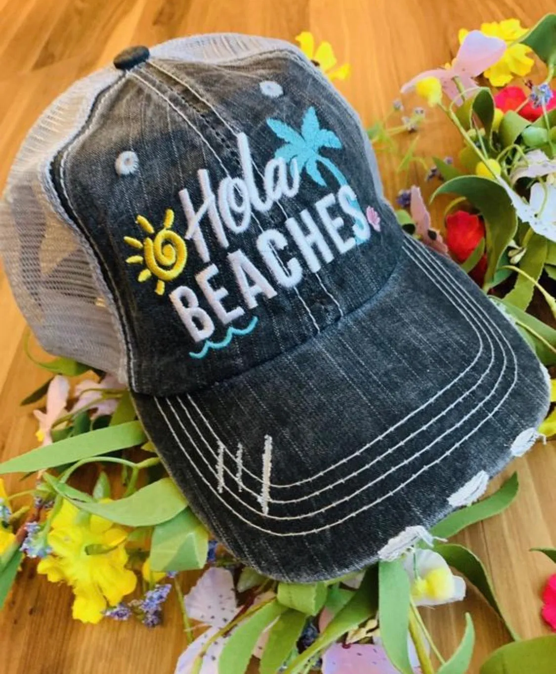 Hats Beach hair dont care Embroidered teal or pink flip flops distressed trucker cap Womens Sandals