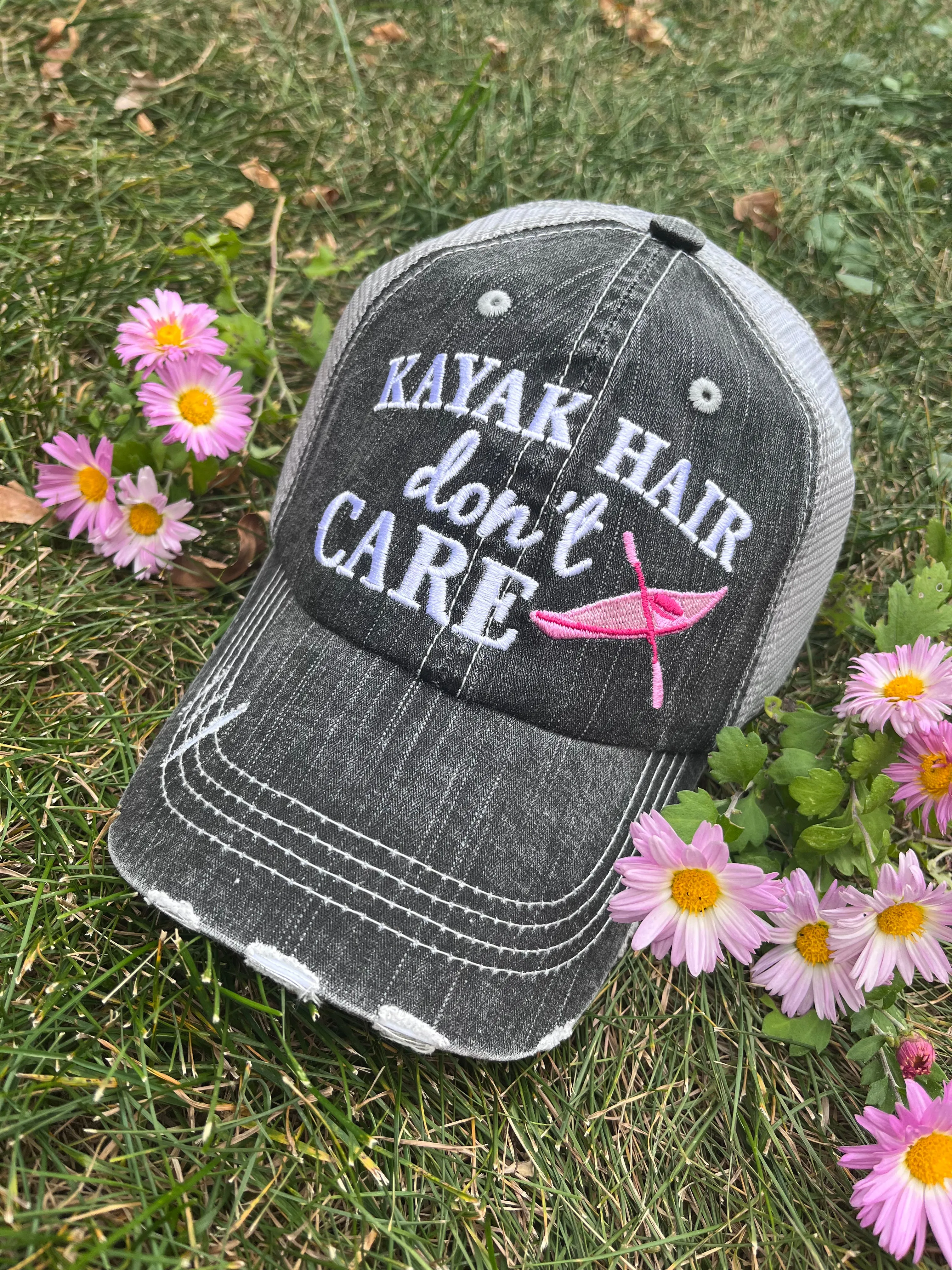 Hats Beach hair dont care Embroidered teal or pink flip flops distressed trucker cap Womens Sandals