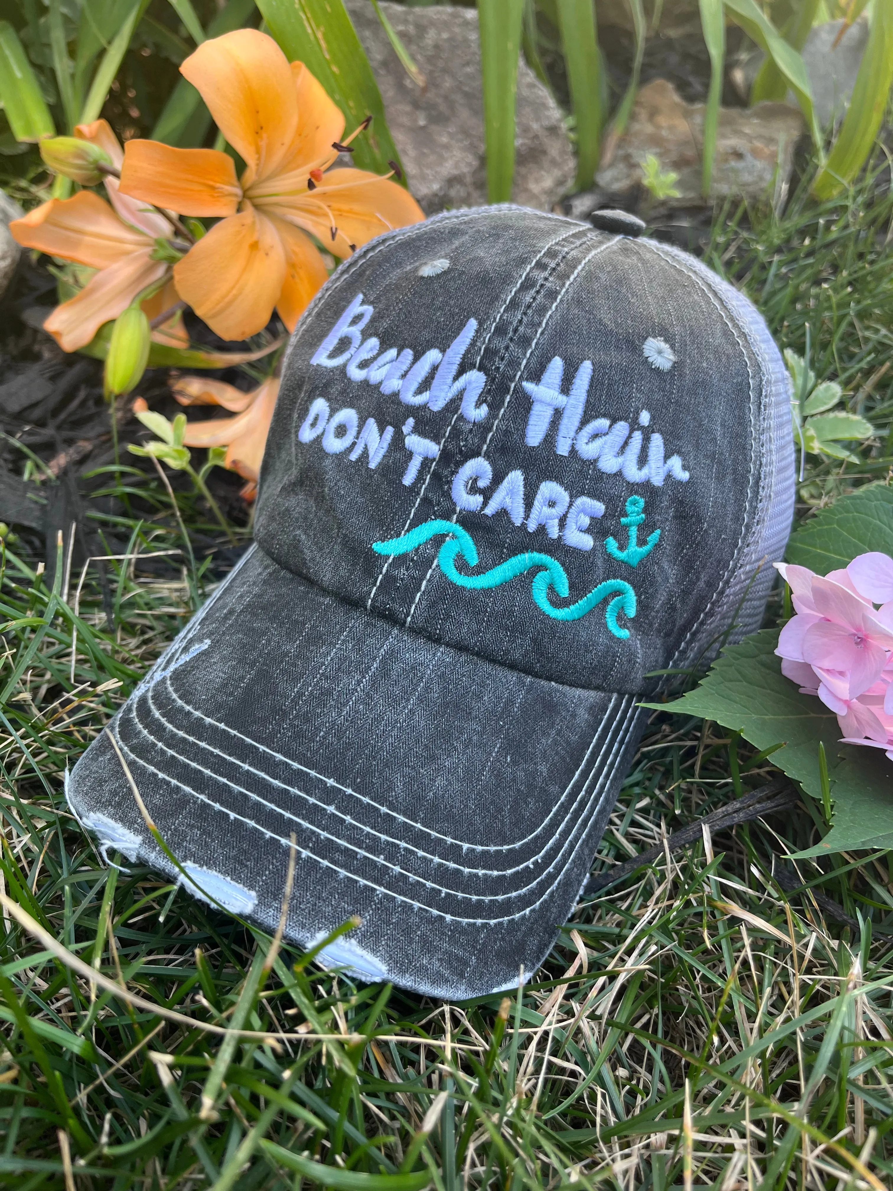 Hats Beach hair dont care Embroidered teal or pink flip flops distressed trucker cap Womens Sandals