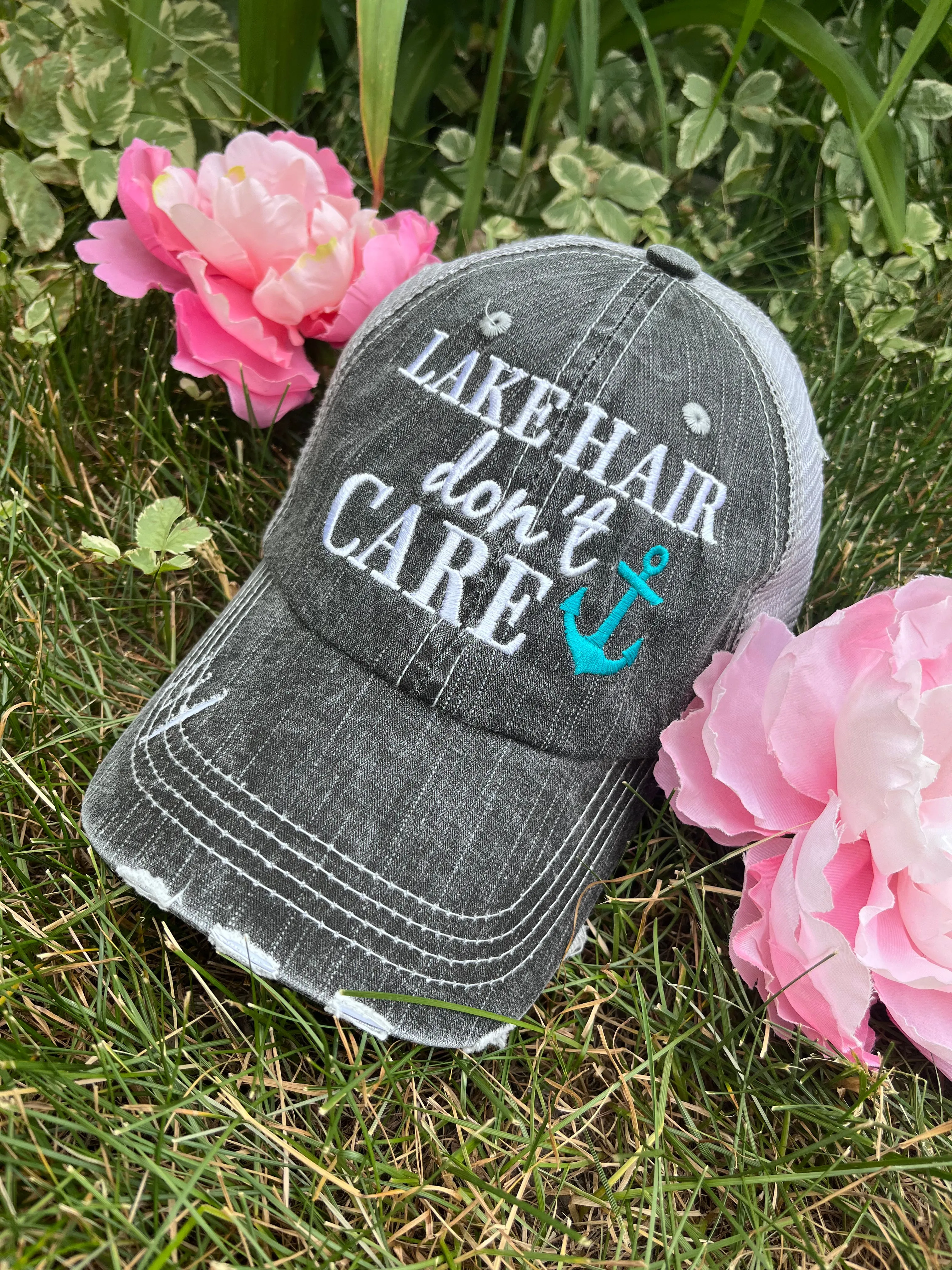 Hats Beach hair dont care Embroidered teal or pink flip flops distressed trucker cap Womens Sandals