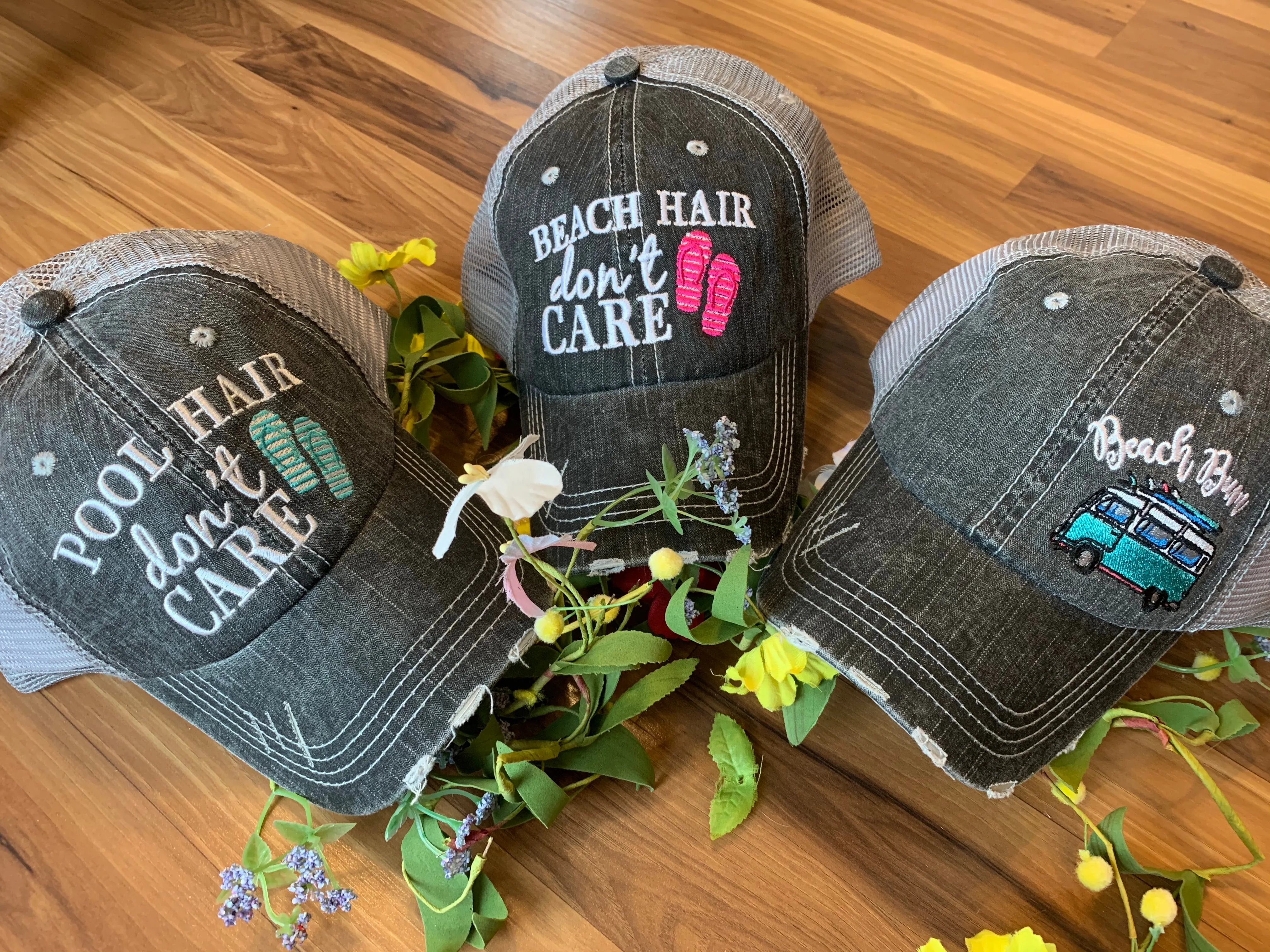 Hats Beach hair dont care Embroidered teal or pink flip flops distressed trucker cap Womens Sandals