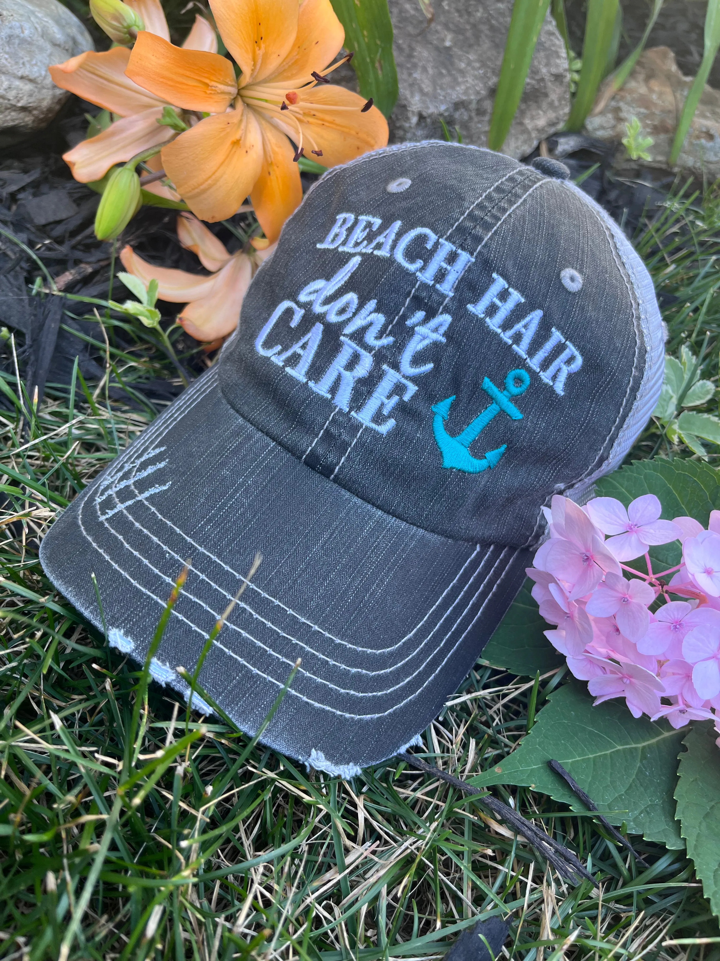 Hats Beach hair dont care Embroidered teal or pink flip flops distressed trucker cap Womens Sandals