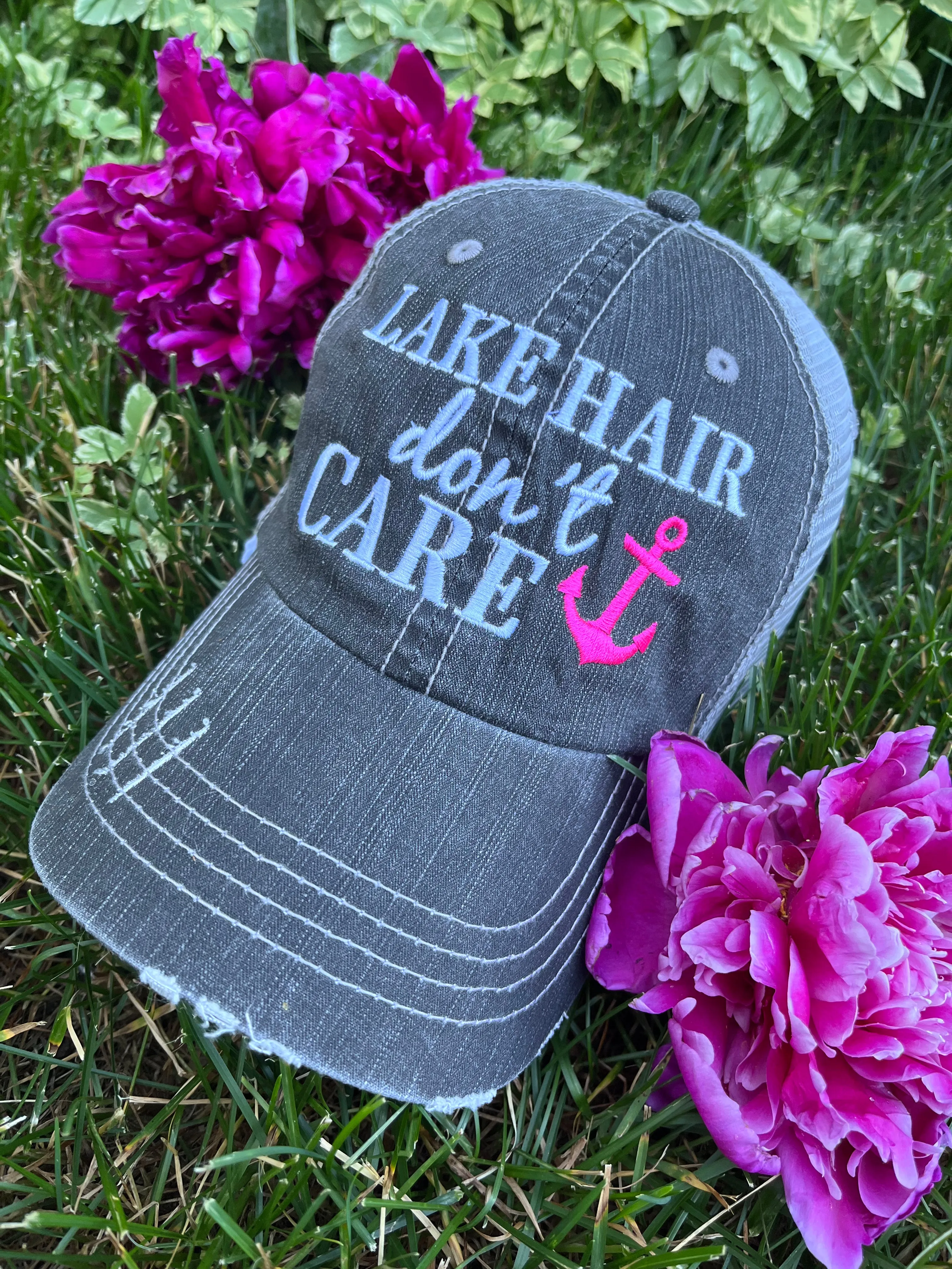 Hats Beach hair dont care Embroidered teal or pink flip flops distressed trucker cap Womens Sandals