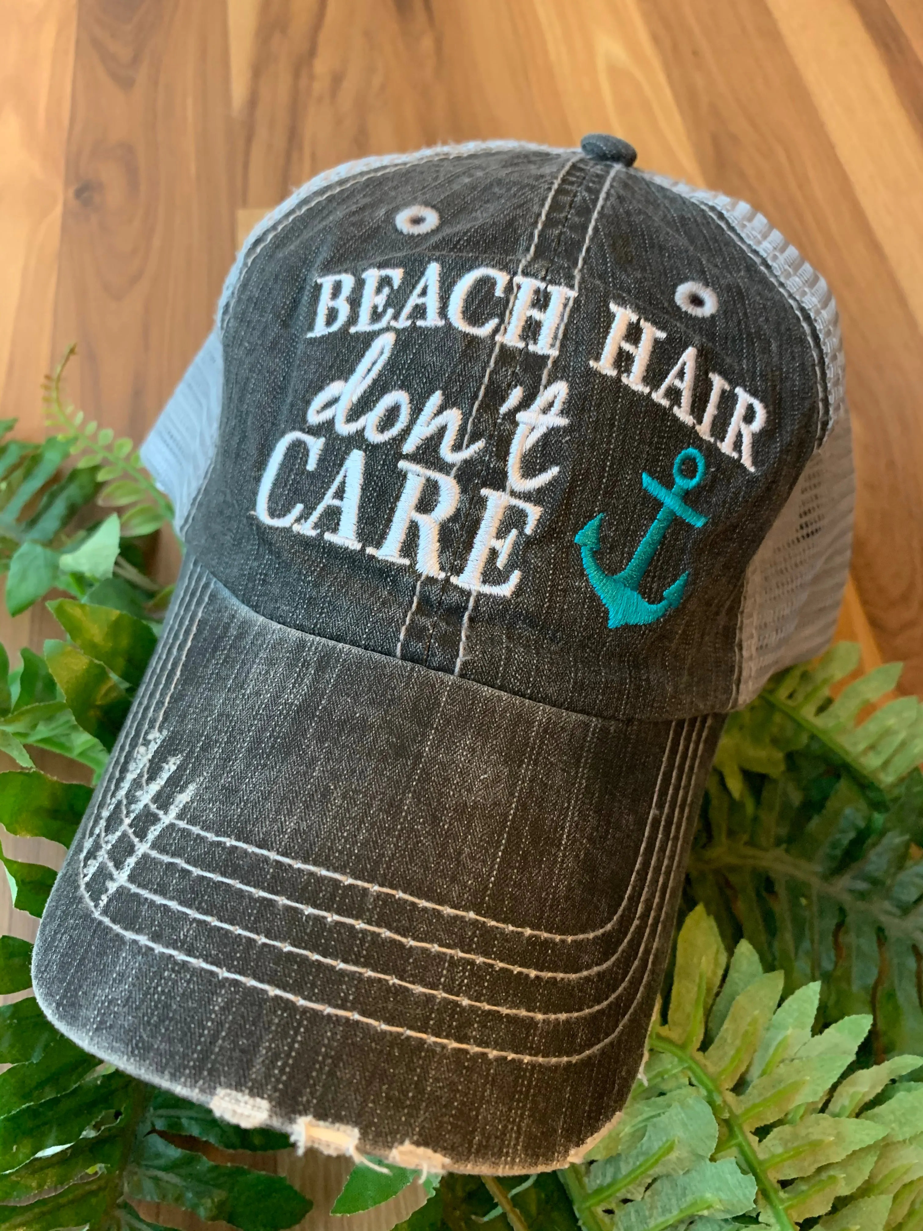 Hats Beach hair dont care Embroidered teal or pink flip flops distressed trucker cap Womens Sandals