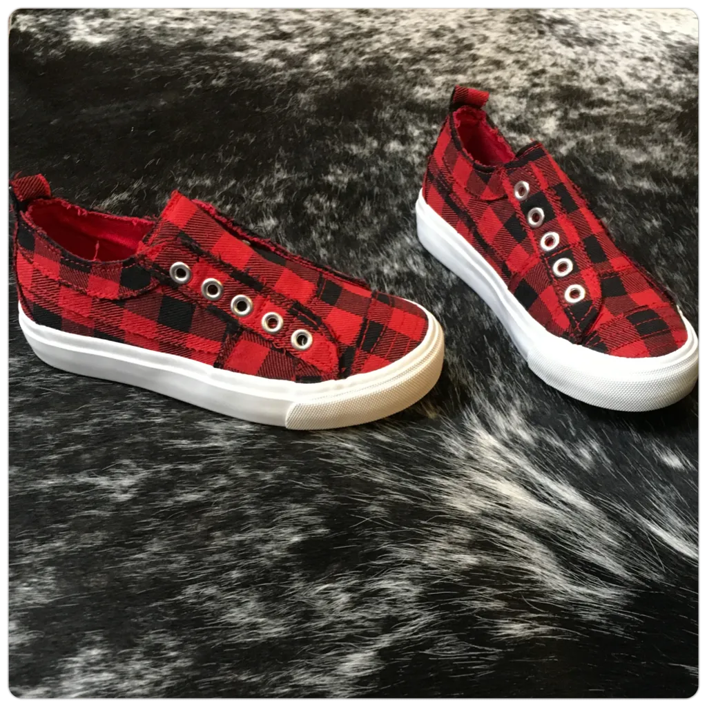 Kids Babalu Red Buffalo Plaid Slip on Sneaker