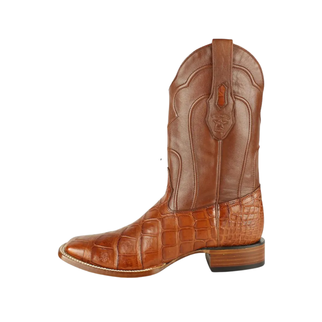 Los Altos Men's Wide Square Toe Genuine American Alligator Skin Color Cognac Boots