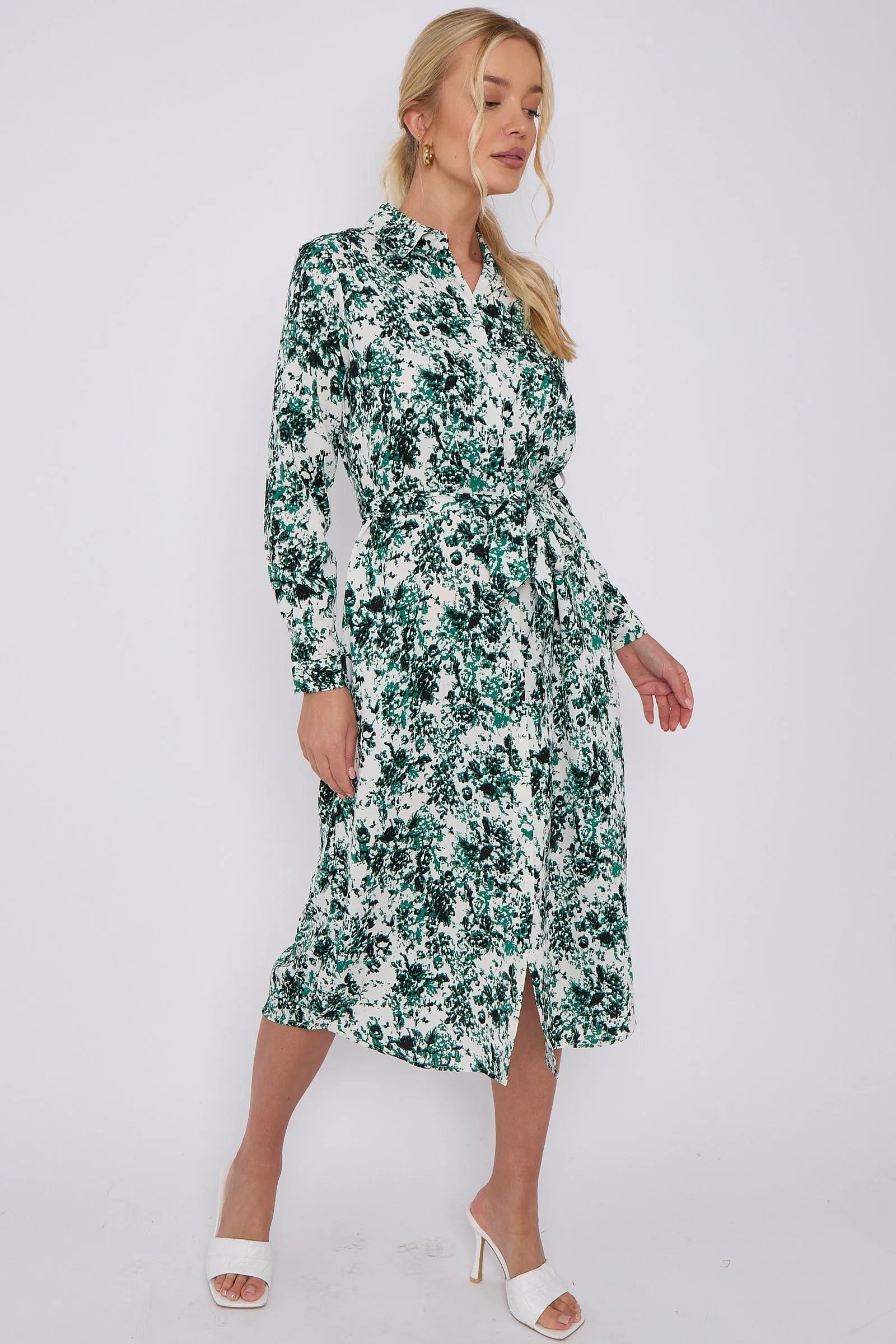 LOVE SUNSHINE Green Tie Dye Print Long Sleeve Midi Shirt Dress