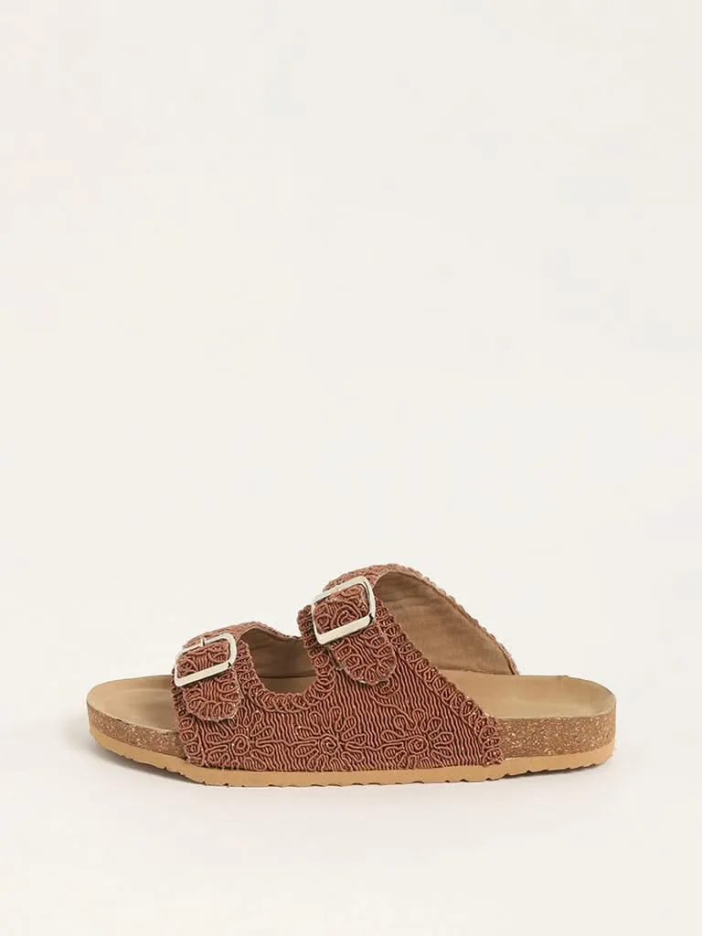 LUNA BLU Tan Crochet Strap Comfort Sandals