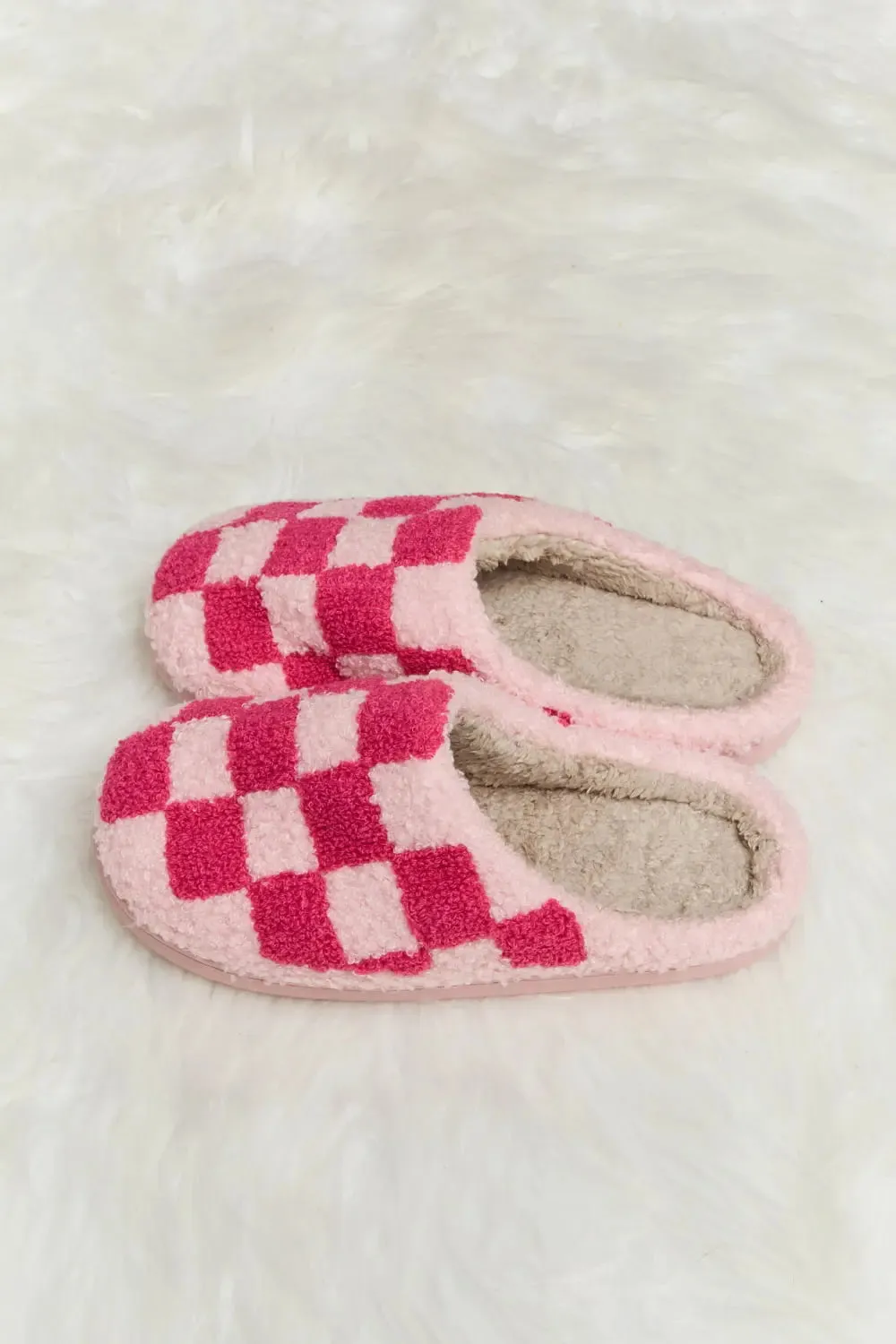 Melody Checkered Print Plush Slide Slippers