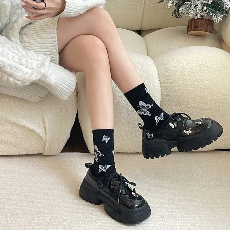 Metallic Butterflies Lace Up Grunge College Creeper Boots