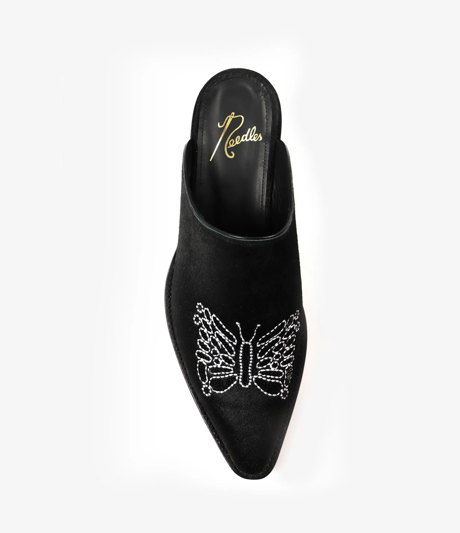 Papillon Embroidered Heeled Mule - Black Pony