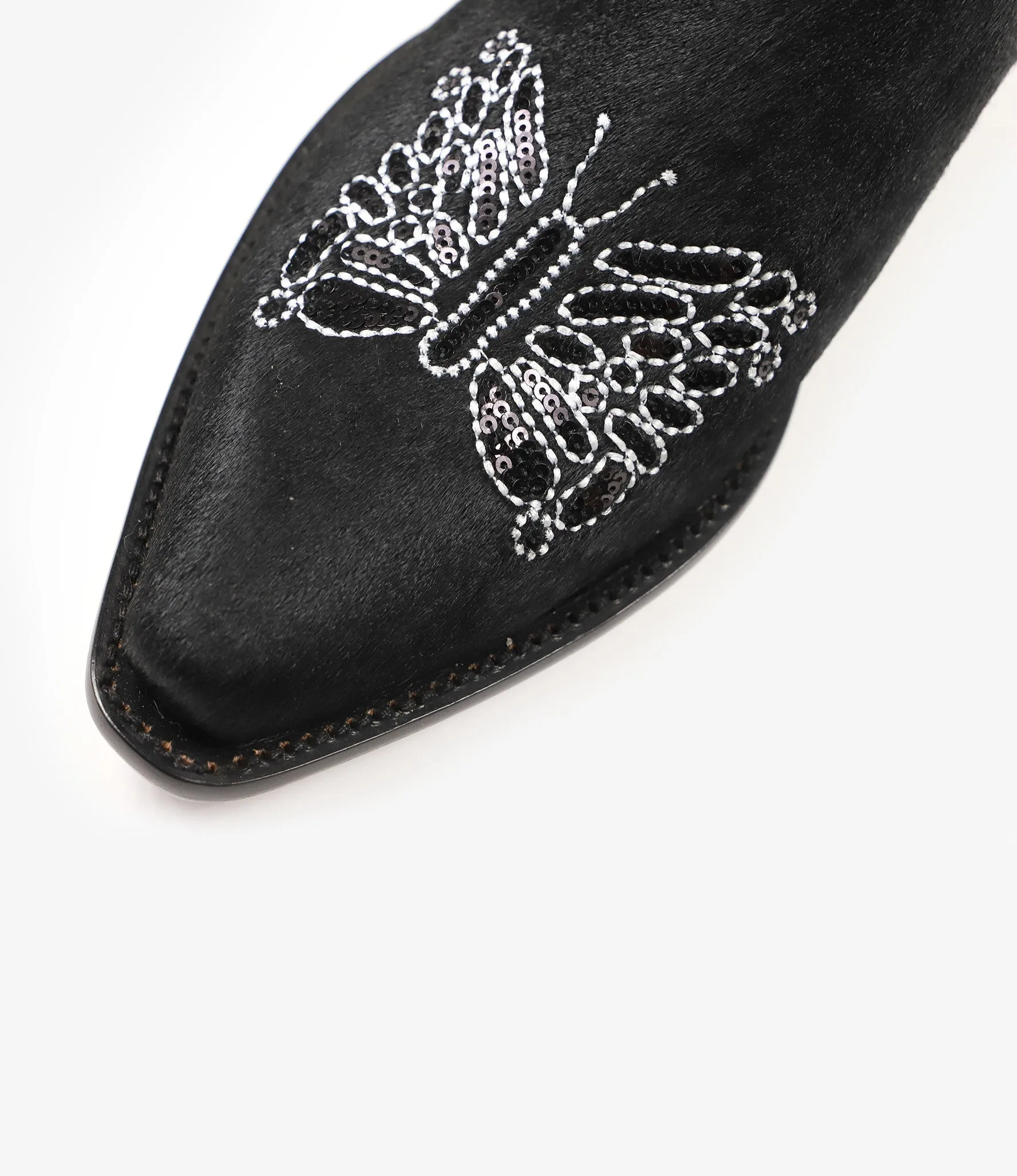 Papillon Embroidered Heeled Mule - Black Pony