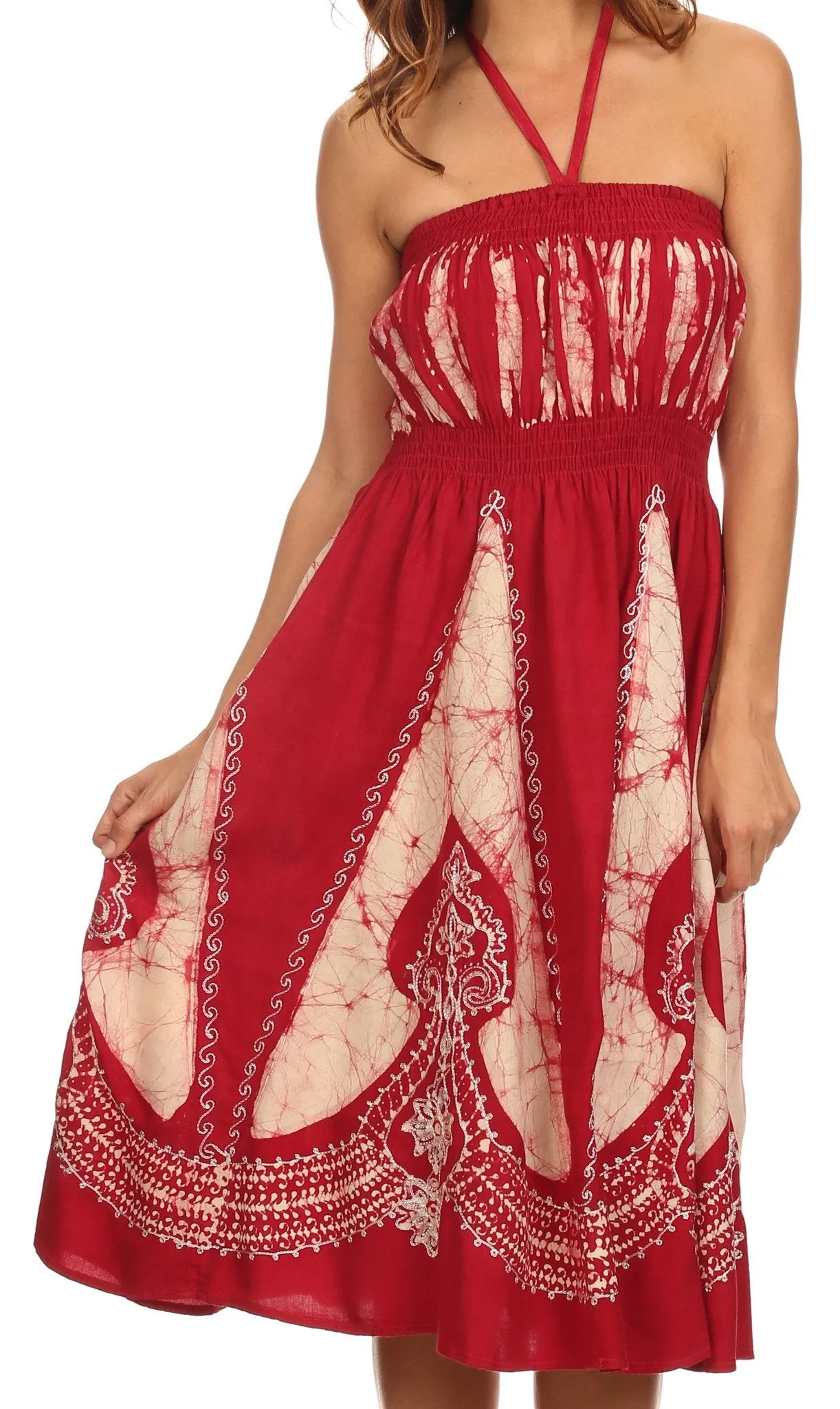 Sakkas Jaya Sleeveless Adjustable Tea Length Tube Top Embroidered Tie Dye Dress