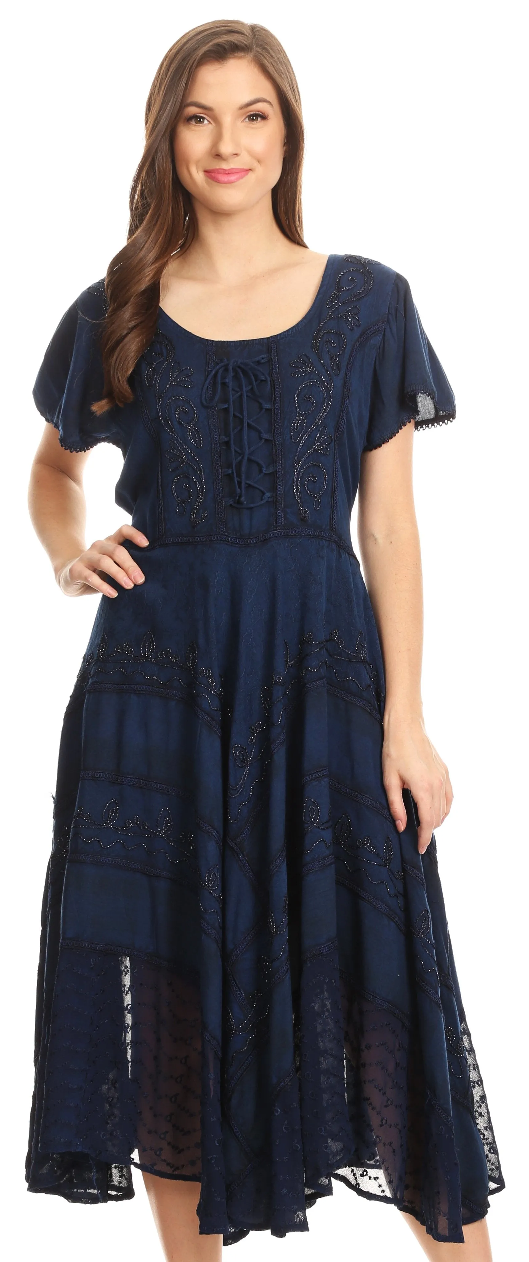 Sakkas Mila Long Corset Embroidered Cap Sleeve Dress With Adjustable Waist