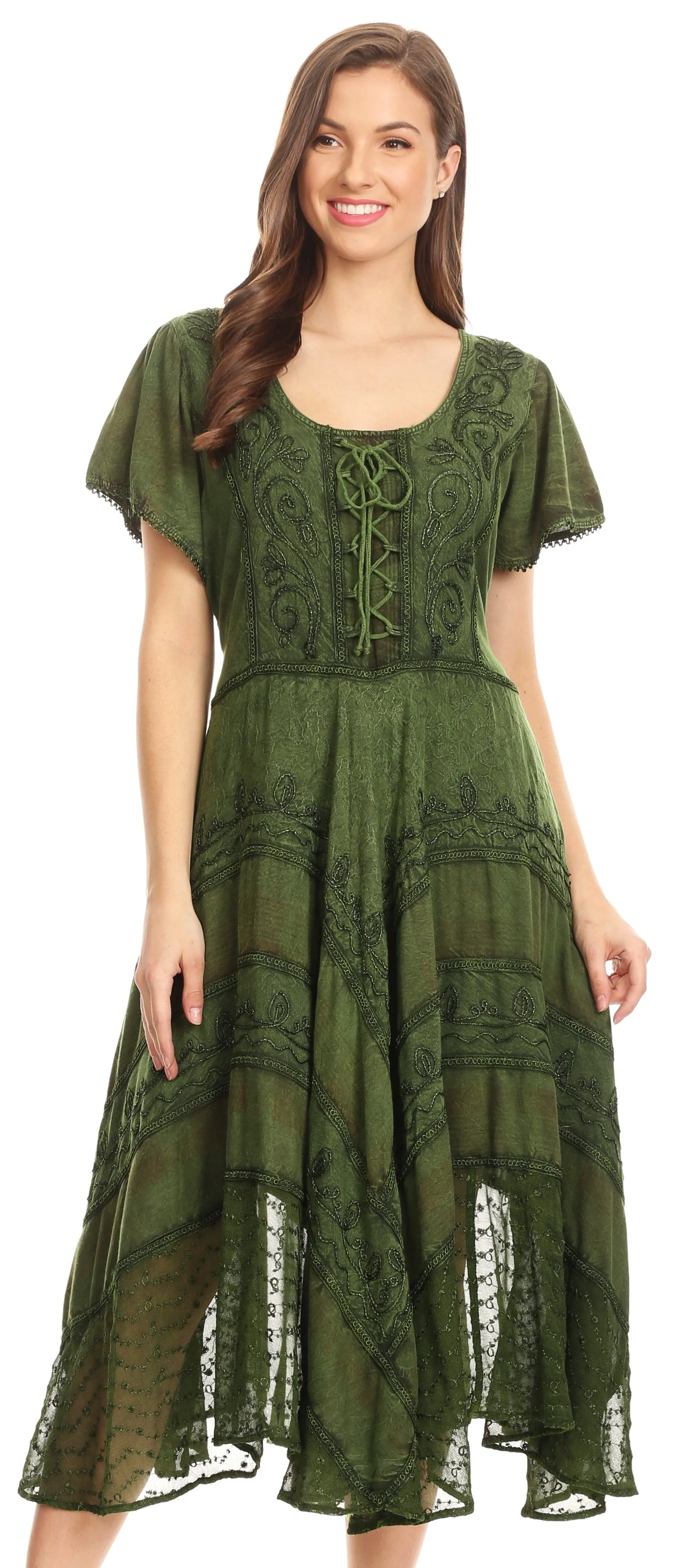 Sakkas Mila Long Corset Embroidered Cap Sleeve Dress With Adjustable Waist