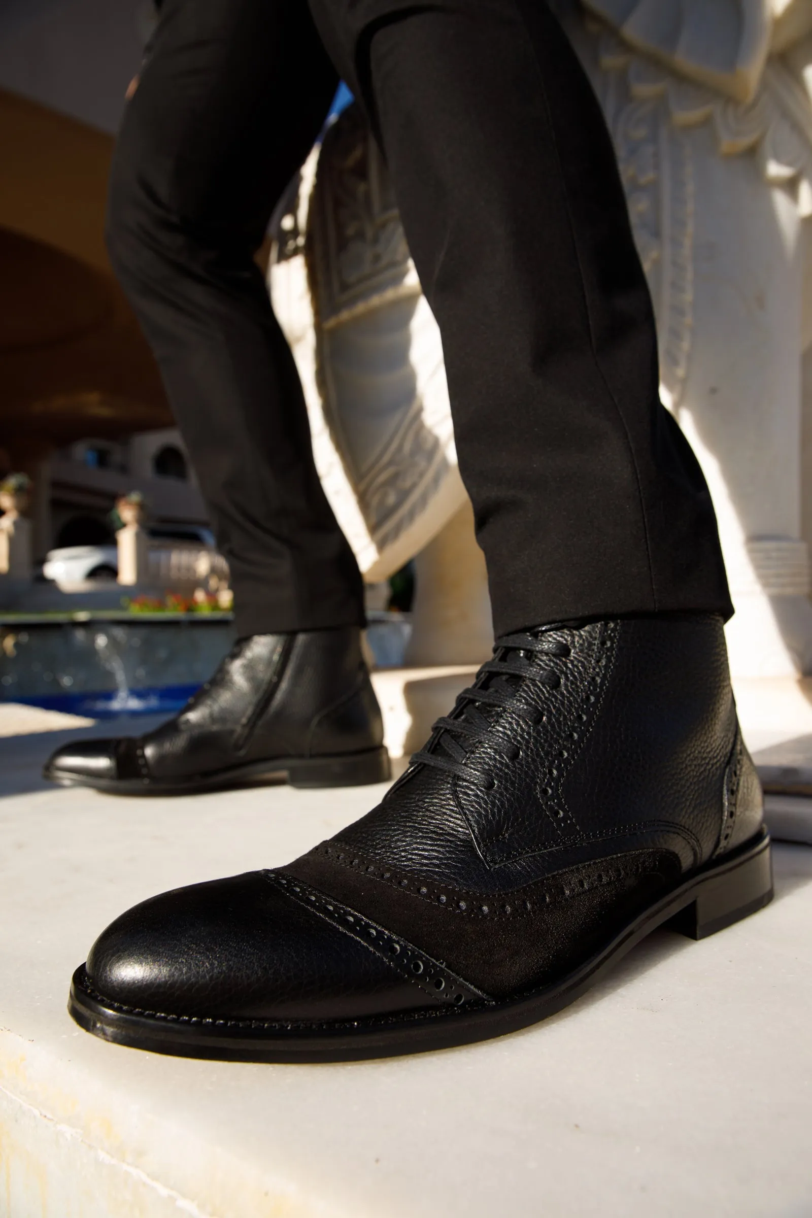 The Anderson Black Leather & Suede Brogue Lace-Up Men  Boot with a Zipper