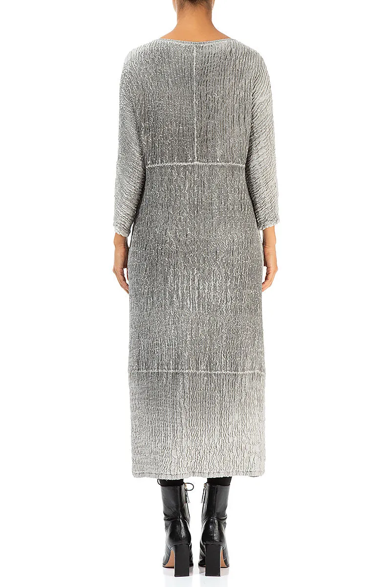 V-Neck Washed Out Crinkled Grey Silk Dress