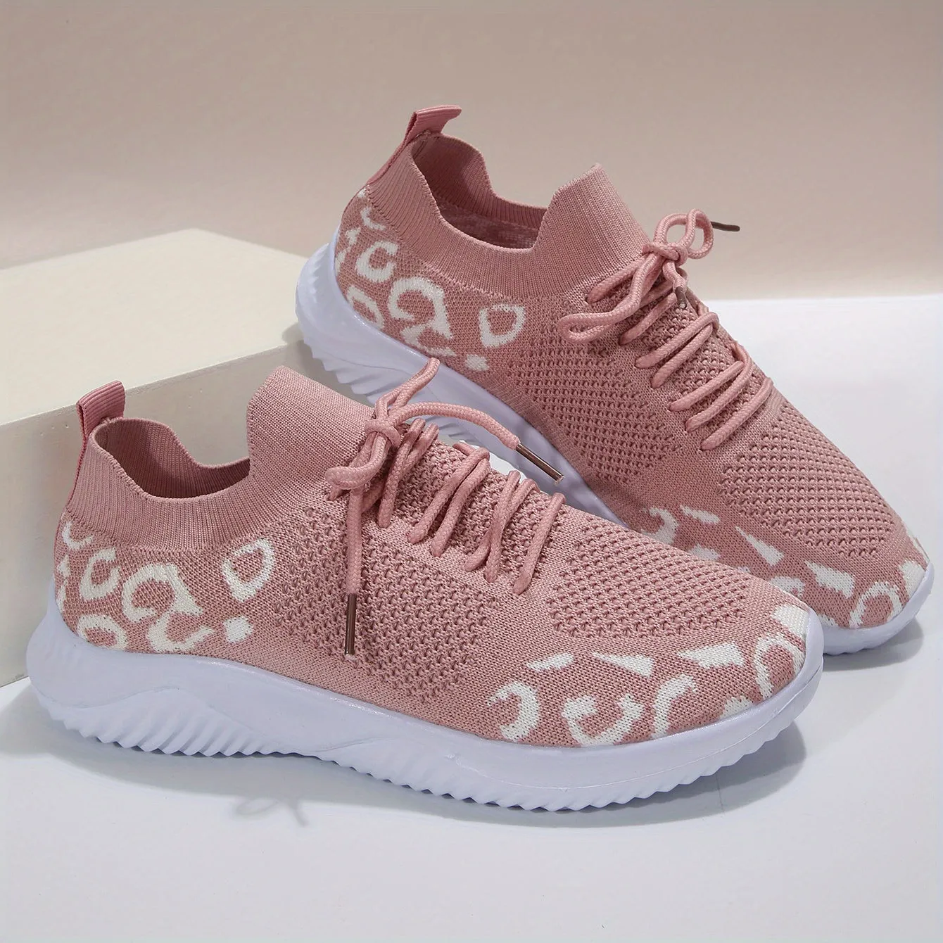 Women's Knitted Sports Shoes, Leopard Printed Low Top Running Shoes, Casual Walking Sneakers