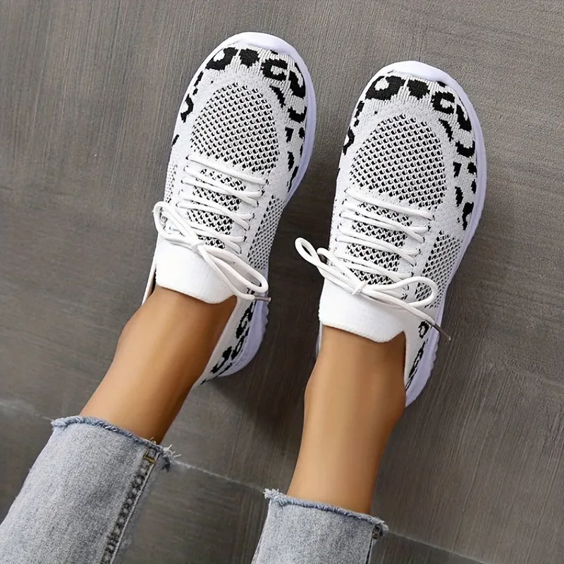 Women's Knitted Sports Shoes, Leopard Printed Low Top Running Shoes, Casual Walking Sneakers