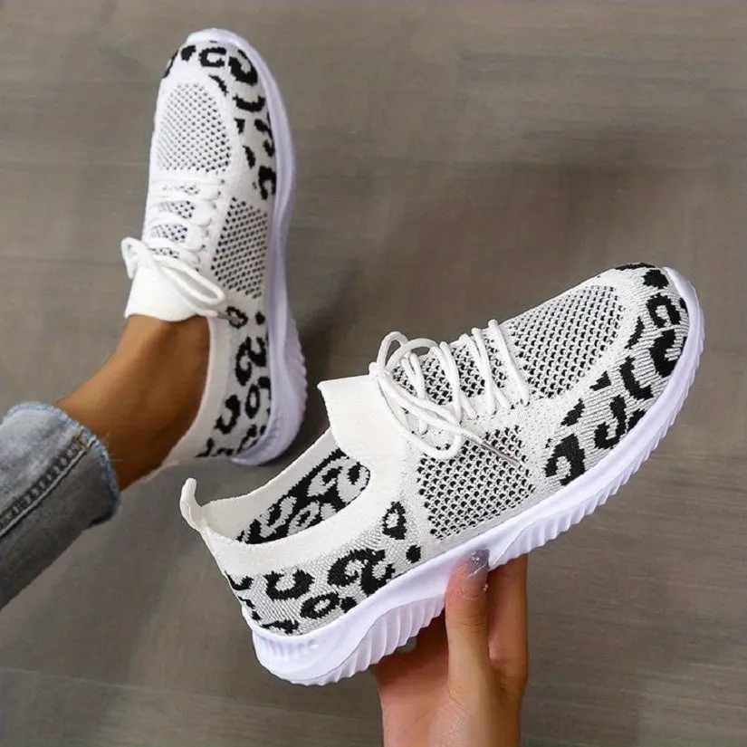 Women's Knitted Sports Shoes, Leopard Printed Low Top Running Shoes, Casual Walking Sneakers